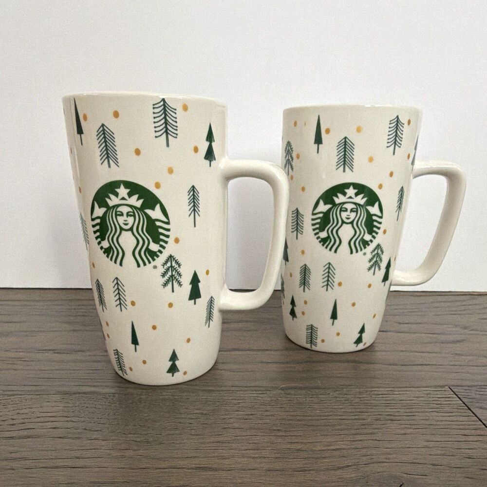 Starbucks 16 fl oz / 473ml Coffee & Tea Mug Cup White Green Tree Pattern set 2